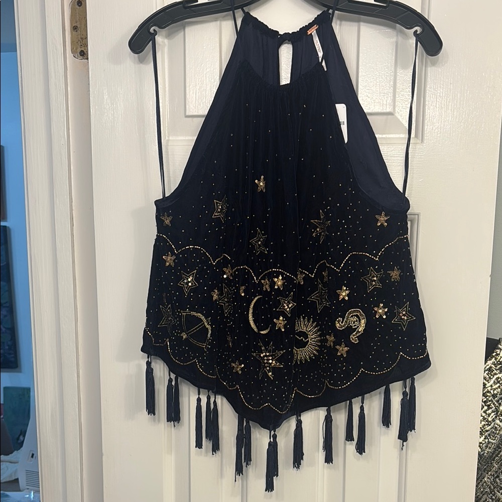 Free People - Velvet Embroidered Navy Blue Halter Top size S
